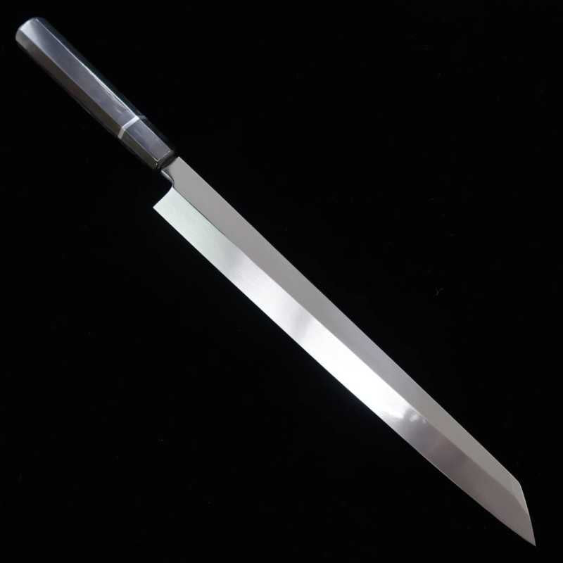 zzz 酔心 SUISIN, fabrication Kenji Togashi, acier blanc n°2, trempe intégrale, lame yanagiba type sabre, finition miroir plate, manche octogonal en ébène avec fil d’argent (300 mm)
