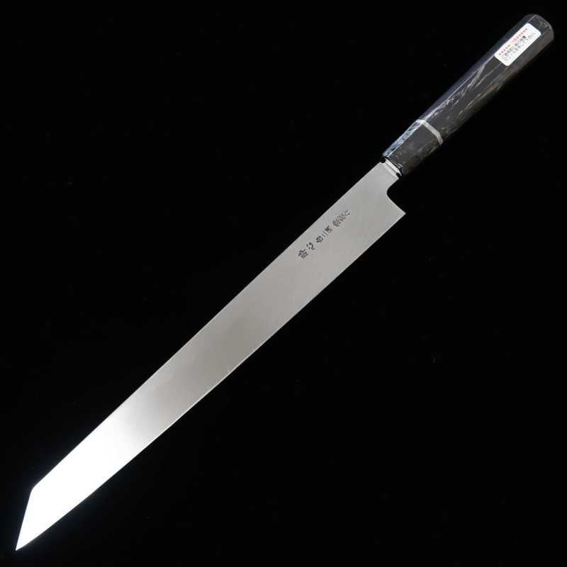 zzz 酔心 SUISIN, fabrication Kenji Togashi, acier blanc n°2, trempe intégrale, lame yanagiba type sabre, finition miroir plate, manche octogonal en ébène avec fil d’argent (300 mm)