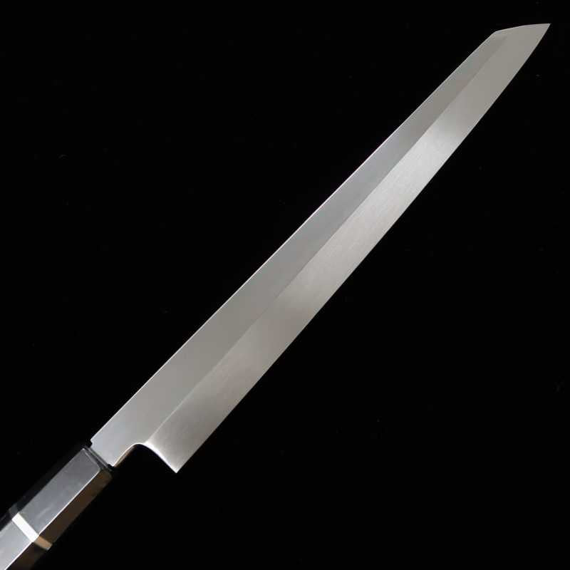 zzz 酔心 SUISIN, fabrication Kenji Togashi, acier blanc n°2, trempe intégrale, lame yanagiba type sabre, finition miroir plate, manche octogonal en ébène avec fil d’argent (300 mm)