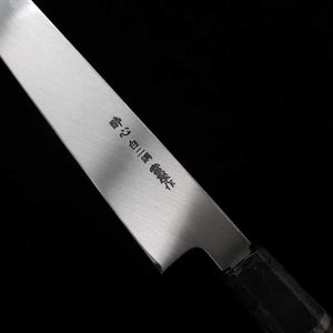 zzz 酔心 SUISIN, fabrication Kenji Togashi, acier blanc n°2, trempe intégrale, lame yanagiba type sabre, finition miroir plate, manche octogonal en ébène avec fil d’argent (300 mm)
