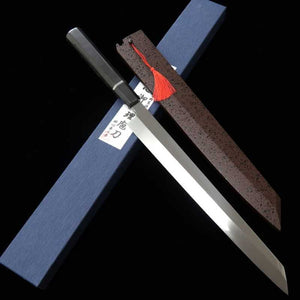 zzz 酔心 SUISIN, fabrication Kenji Togashi, acier blanc n°2, trempe intégrale, lame yanagiba type sabre, finition miroir plate, manche octogonal en ébène avec fil d’argent (300 mm)