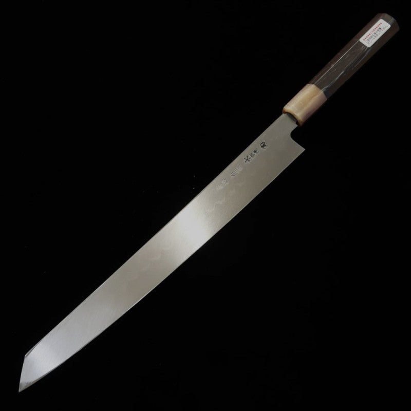 Suisin SUISIN Mizumoto Yaki, fabriqué par Miwa Ikeda, acier Shirogami n°2, manche en ébène, fourreau en magnolia, lame Yanagiba type Ken (300 mm)