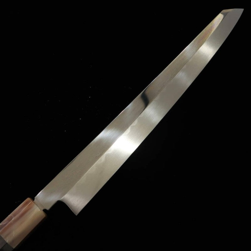 Suisin SUISIN Mizumoto Yaki, fabriqué par Miwa Ikeda, acier Shirogami n°2, manche en ébène, fourreau en magnolia, lame Yanagiba type Ken (300 mm)