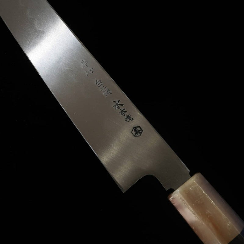 Suisin SUISIN Mizumoto Yaki, fabriqué par Miwa Ikeda, acier Shirogami n°2, manche en ébène, fourreau en magnolia, lame Yanagiba type Ken (300 mm)