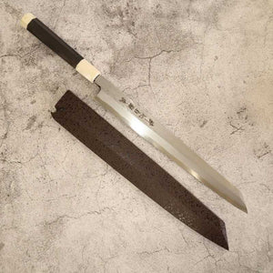 SUISIN Yanagiba tipo espada Forjado por Kenji Togashi Shirotanryu Shirogami #1 Yanagiba tipo espada con funda lacada Mango de ébano con doble virola blanca (270/300 mm)