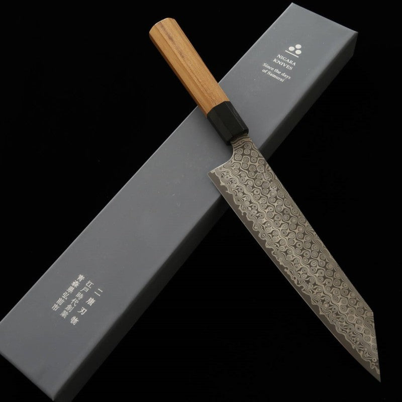 Forja de cuchillos Nitō NIGARA Anmon Kiritsuke Gyuto SG2 mango octogonal de teca (210/240 mm)