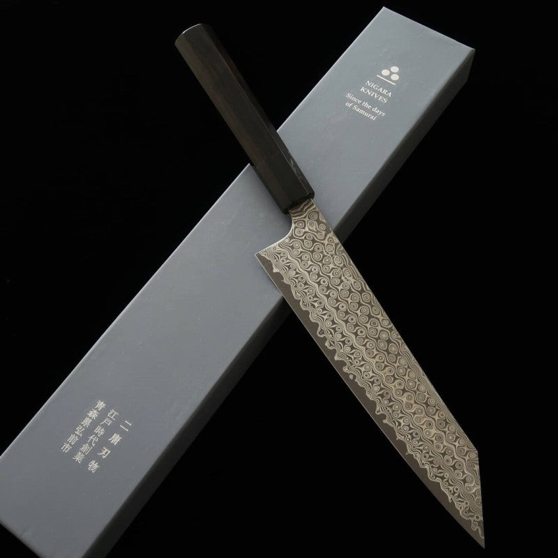 Forja de cuchillos Nitō NIGARA Anmon Kiritsuke Gyuto SG2 mango octogonal de ébano (210-270 mm)
