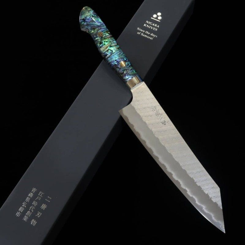 NIGARA Nitō cuchillo forjado kiritsuke gyuto SG2, acabado pulido con martillado, mango con incrustaciones de nácar (210 mm)