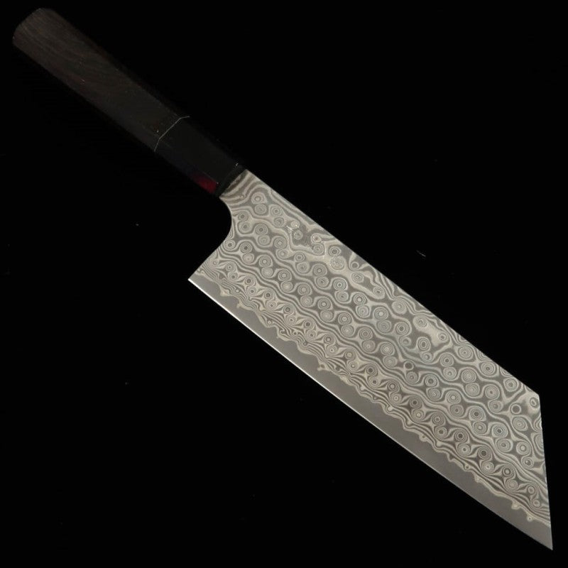 二唐刃物鍛造所 NIGARA 切付菜切 SG2 暗紋 ダマスカス 水牛黒檀八角柄 (180mm)