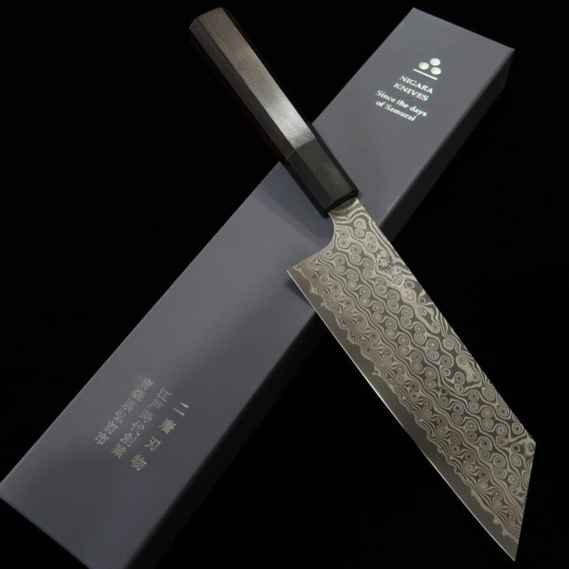 二唐刃物鍛造所 NIGARA 切付菜切 SG2 暗紋 ダマスカス 水牛黒檀八角柄 (180mm)