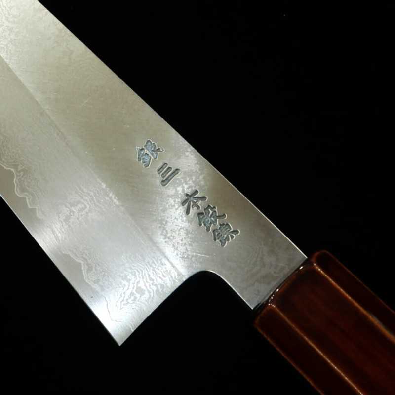 刃道HADO 銀紙三号 ダマスカス 切付三徳 木地呂塗り桜八角柄 （180mm）