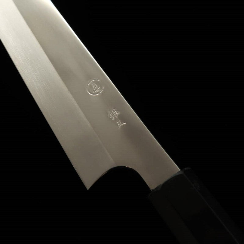 Sujihiki TADOKORO HAMONO Makoto Mirror Finish - Kiritsuke- Ginsan Steel Ebony Silver Wrap Handle (270mm)