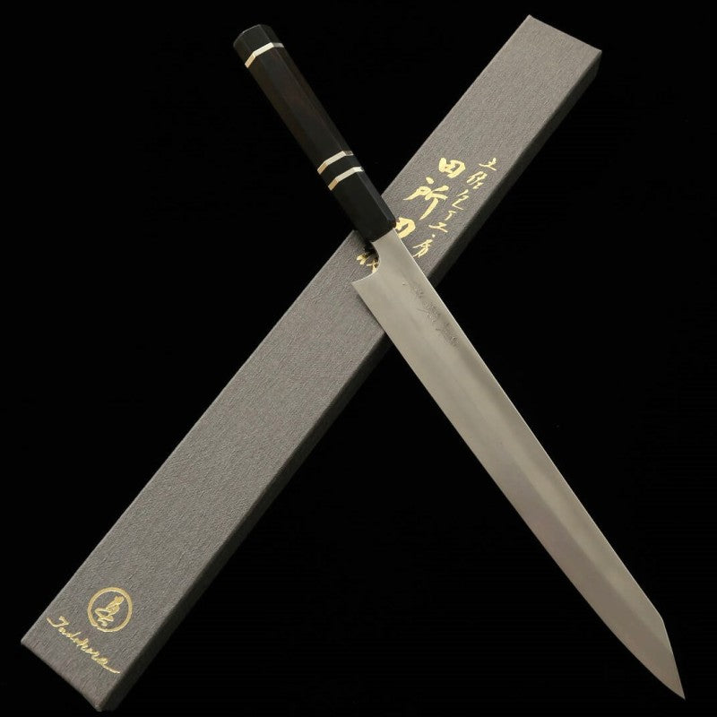 Sujihiki TADOKORO HAMONO Makoto Mirror Finish - Kiritsuke- Ginsan Steel Ebony Silver Wrap Handle (270mm)