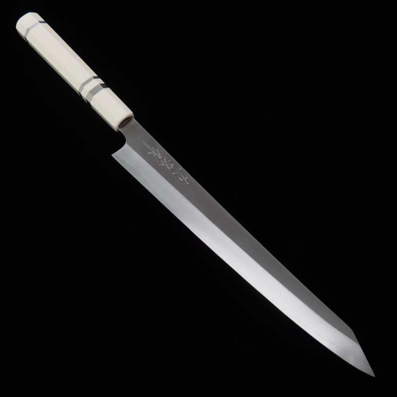 Tadokoro Hamono Makotosaku espejo Gingami No.3 Kiritsuke Sujihiki, mango de marfil imitación (270 mm)
