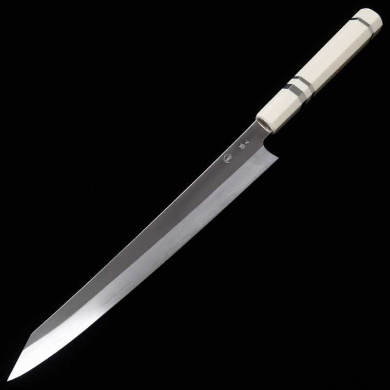 Tadokoro Hamono Makotosaku espejo Gingami No.3 Kiritsuke Sujihiki, mango de marfil imitación (270 mm)
