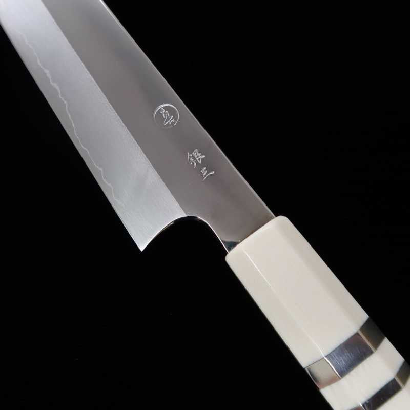 Tadokoro Hamono Makotosaku espejo Gingami No.3 Kiritsuke Sujihiki, mango de marfil imitación (270 mm)