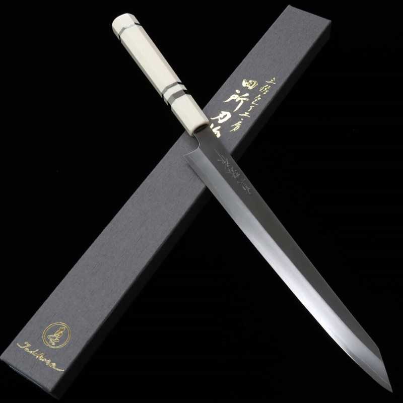Tadokoro Hamono Makotosaku espejo Gingami No.3 Kiritsuke Sujihiki, mango de marfil imitación (270 mm)