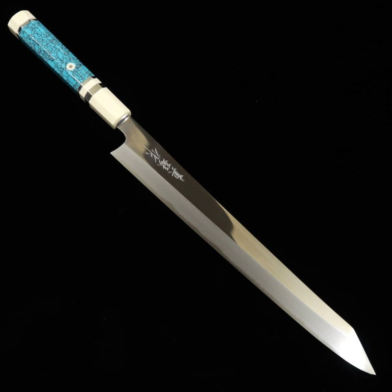 TADOKORO HAMONO Makoto Espejo Aogami #2 Kiritsuke sujihiki mango personalizado de turquesa (300 mm)