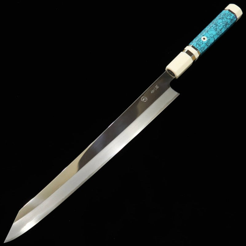 Sujihiki TADOKORO HAMONO Makoto Mirror Finish Blue Steel Kiritsuke Turquoise Custom Handle (300mm) 