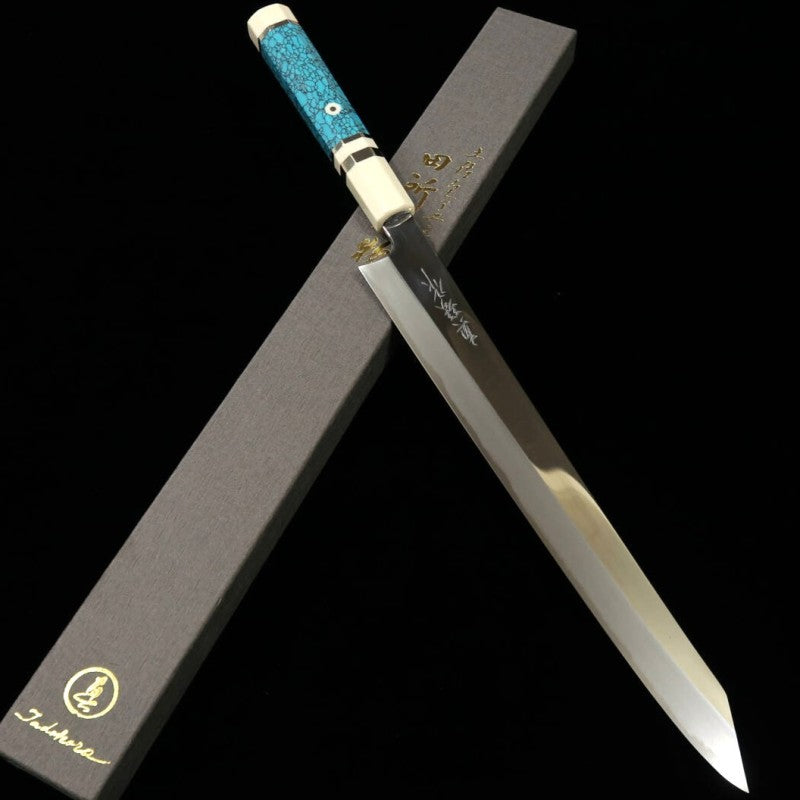 TADOKORO HAMONO Makoto Espejo Aogami #2 Kiritsuke sujihiki mango personalizado de turquesa (300 mm)