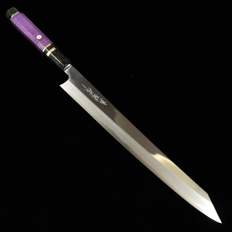 TADOKORO HAMONO, obra de Makoto, acabado espejo, acero Ao-gami nº 2, kiritsuke sujihiki, mango de madera estabilizada (300 mm)