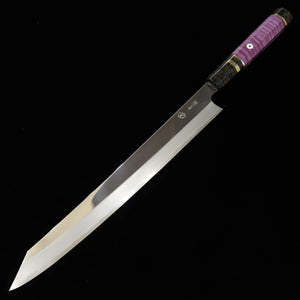 TADOKORO HAMONO, obra de Makoto, acabado espejo, acero Ao-gami nº 2, kiritsuke sujihiki, mango de madera estabilizada (300 mm)