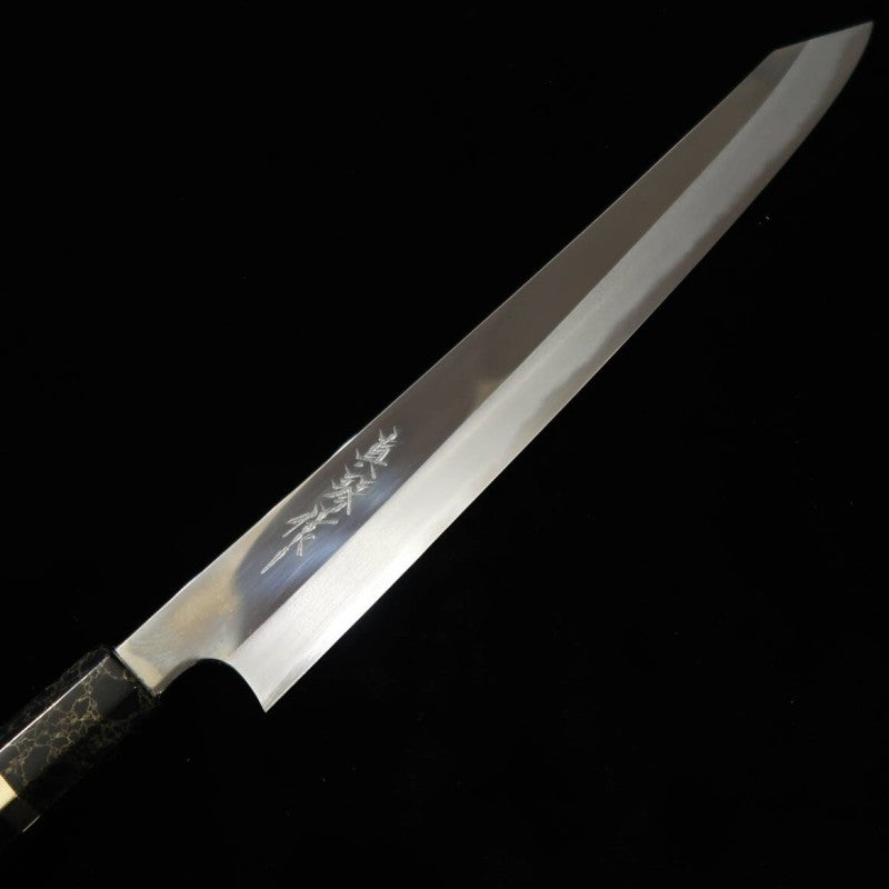 TADOKORO HAMONO, obra de Makoto, acabado espejo, acero Ao-gami nº 2, kiritsuke sujihiki, mango de madera estabilizada (300 mm)