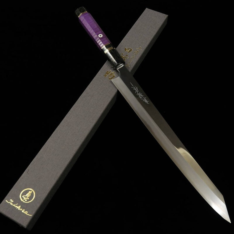 TADOKORO HAMONO, obra de Makoto, acabado espejo, acero Ao-gami nº 2, kiritsuke sujihiki, mango de madera estabilizada (300 mm)