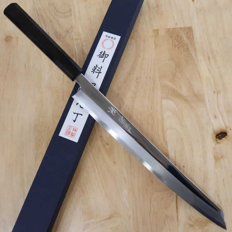 Miura Obidama Acier blanc n°2 切付柳刃 Finition miroir Manche octogonal en ébène (270/300 mm)