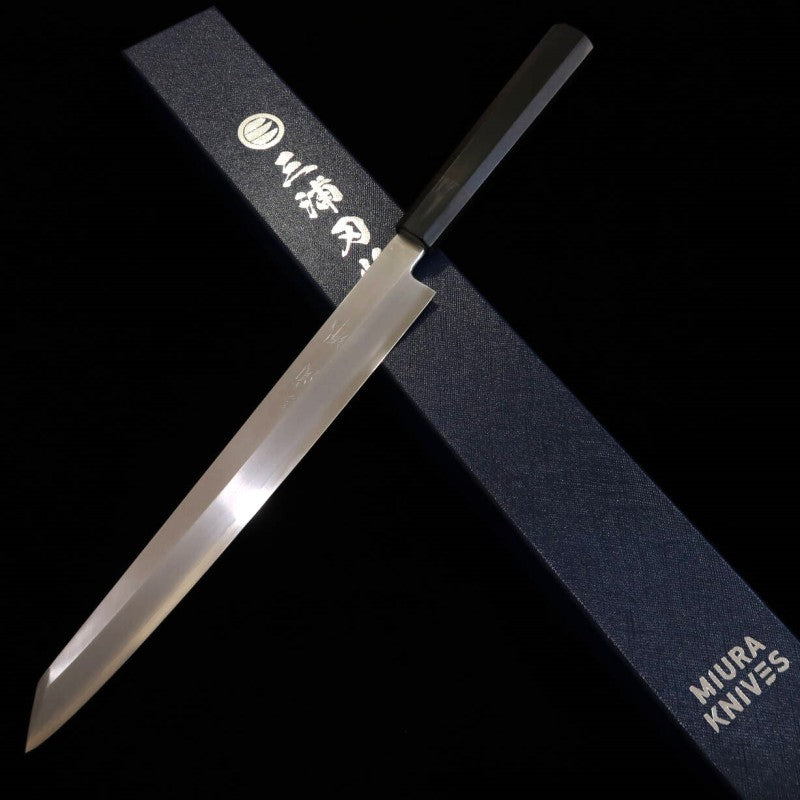 Yanagiba Miura Obidama Kiritsuke, Ginsan Steel, Ebony Octagonal Handle, Left-Handed (270/300mm) 