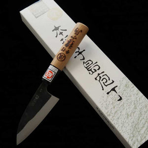 Ikenami Hamono IKENAMI HAMONO Shirogami No.1 coeur inox, manche en cerisier, lame double tranchant pour poisson Aji (90mm)
