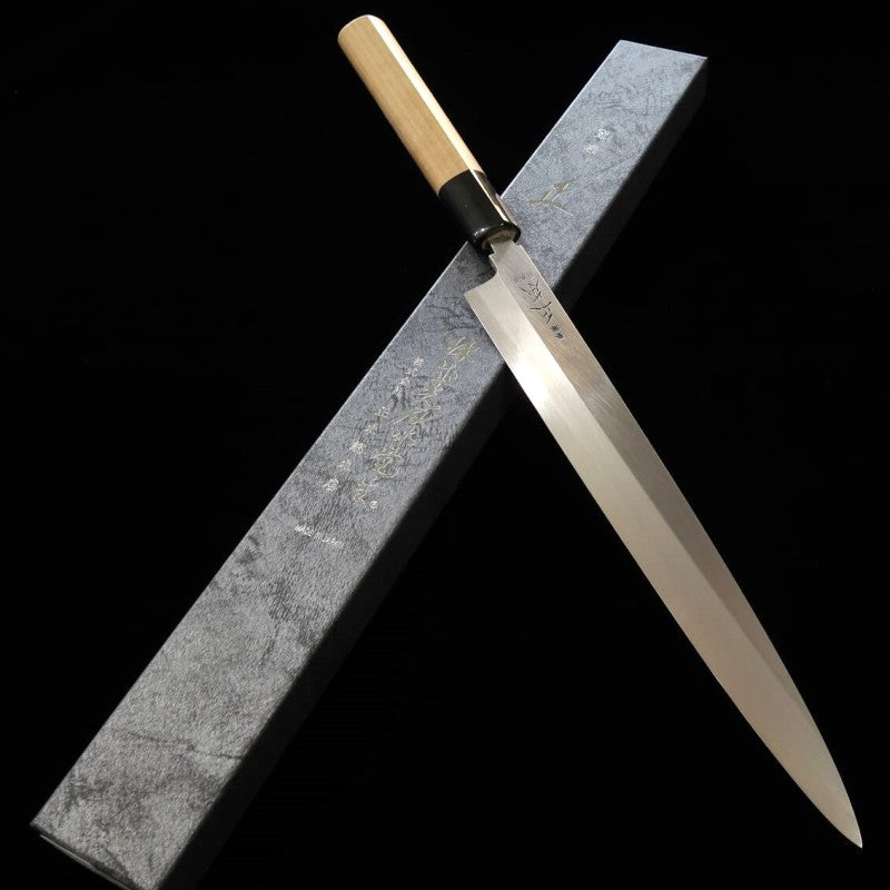 MASAMOTO Honkasumi, Shirogami n°2, Yanagiba, manche en forme de châtaigne, en corne de buffle (240-300mm)