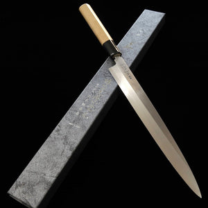 MASAMOTO Honkasumi, Shirogami n°2, Yanagiba, manche en forme de châtaigne, en corne de buffle (240-300mm)