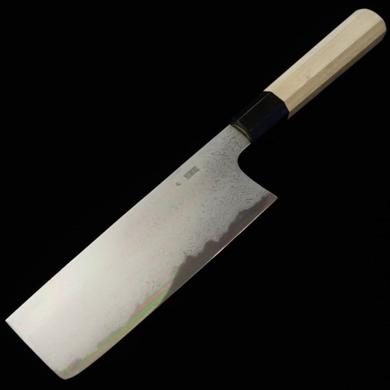 Sakai Kikumori Kikuzuki Uzu Nakiri Aogami Nº 1 Damasco cabo octogonal em magnólia (180mm)