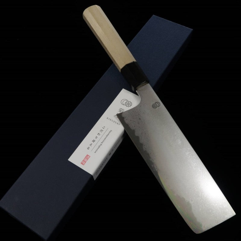 Sakai Kikumori SAKAI KIKUMORI Kikugetsu Uzu Nakiri Acier bleu n°1 Damas Manche octogonal en magnolia (180mm)