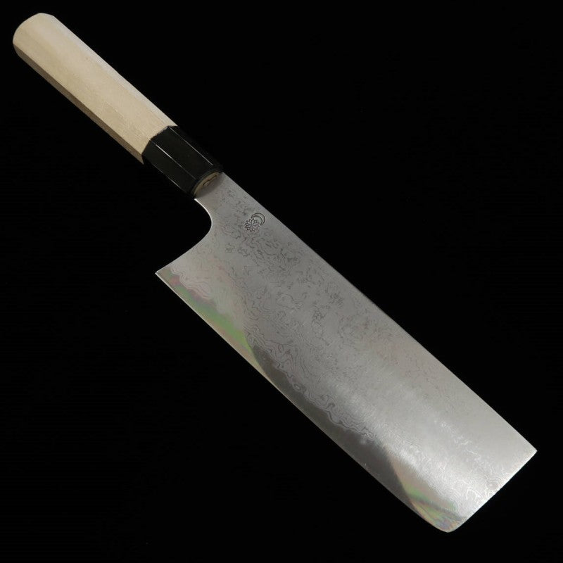 Sakai Kikumori SAKAI KIKUMORI Kikugetsu Uzu Nakiri Acier bleu n°1 Damas Manche octogonal en magnolia (180mm)