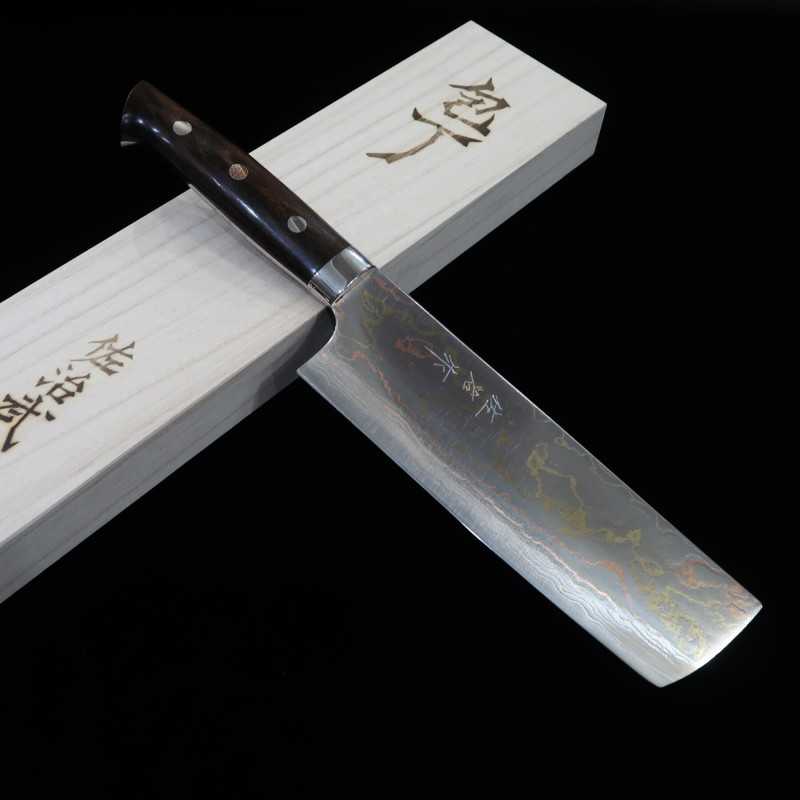 SAJI TAKESHI Nakiri Aogami #2 Rainbow Damasco, cabo de ironwood (165mm)