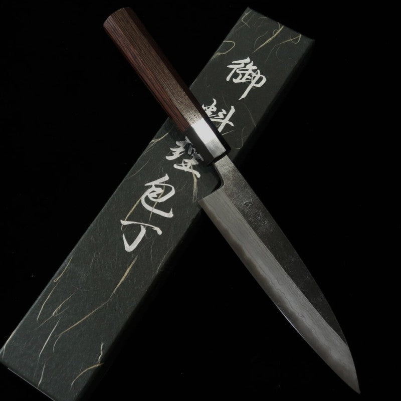 初心 HATSUKOKORO クモカゲ ペティ 青紙二号  黒打ち ダマスカス  ウェンジ柄 (150mm)