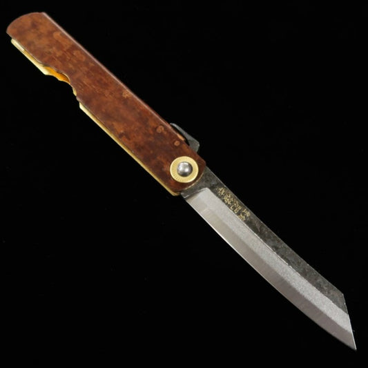 永尾かね駒製作所 HIGONOKAMI 肥後守 青紙割込 黒打ち 樺細工 (72mm)