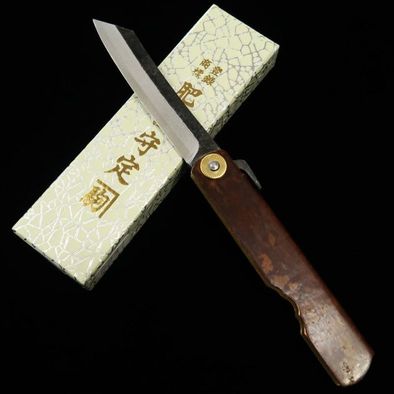 HIGONOKAMI par Nagao Kanekoma, acier Ao, finition noire, manche en bouleau travaillé (72 mm)