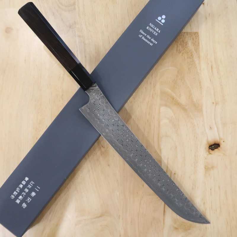 Forja de cuchillos Nitō NIGARA Anmon Sujihiki punta redondeada SG2 mango octogonal de ébano (270/300 mm)