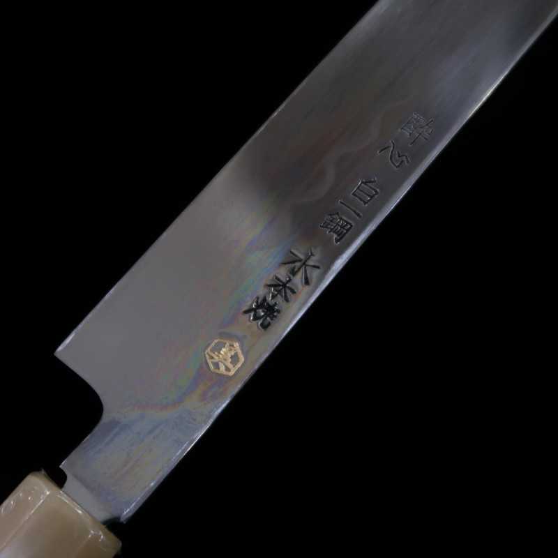 Takohiki Mizu Honyaki SUISIN Shirogami nº 1  acabamento espelhado bainha laqueada incluída cabo em ébano forjada por Ikeda (300mm)