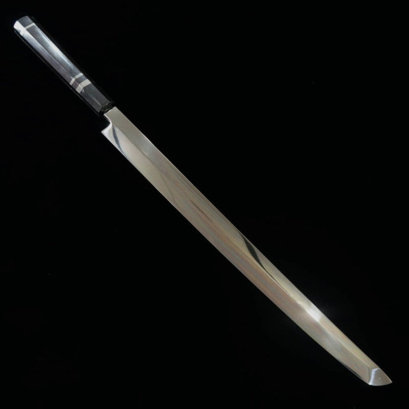 Suisin SUISIN, Mizumoto-yaki, Miwa Ikeda, Acier Blanc n°1, manche ébène et argent, poli miroir, fourreau laqué, boîte en paulownia, pochette brodée, couteau à poulpe bout rond (360 mm)