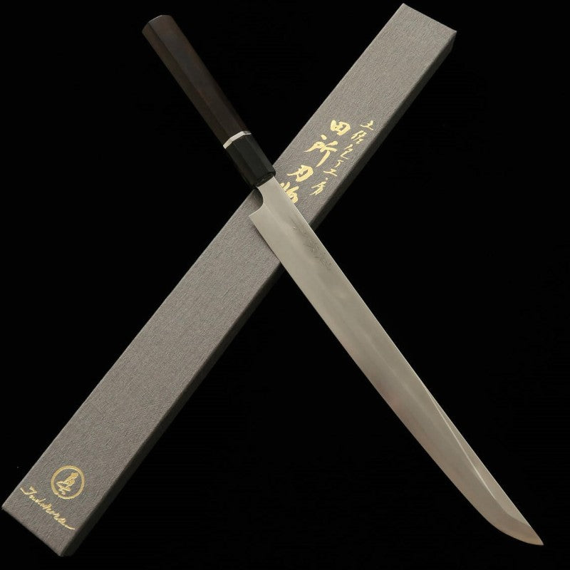 Tadokoro Hamono Makoto obra espejo acero Gingami nº3 tako-hiki punta redondeada mango de ébano con anillo de plata (300 mm)