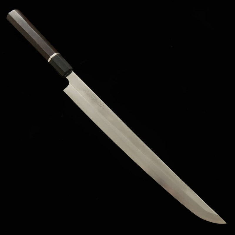 Tadokoro Hamono Makoto obra espejo acero Gingami nº3 tako-hiki punta redondeada mango de ébano con anillo de plata (300 mm)