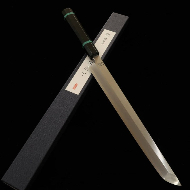 SAKAI KIKUMORI, Ren, Yanagiba Sakimaru, Acier bleu n°1, manche turquoise (300 mm)
