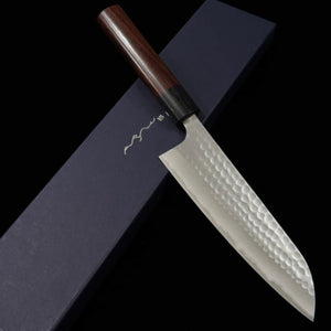 ANRYU Santoku acier bleu n°2, inox martelé, manche octogonal en wengé (170 mm)
