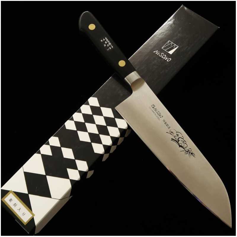 Misono, EU Carbone,Santoku gravé, Manche en contreplaqué noir (180 mm)