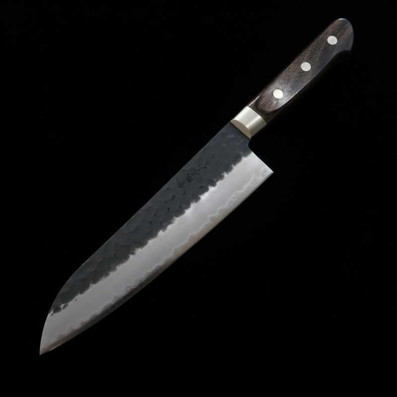三浦 MIURA 青紙スーパー 鎚目黒打 三徳 焦茶合板柄 (180mm)