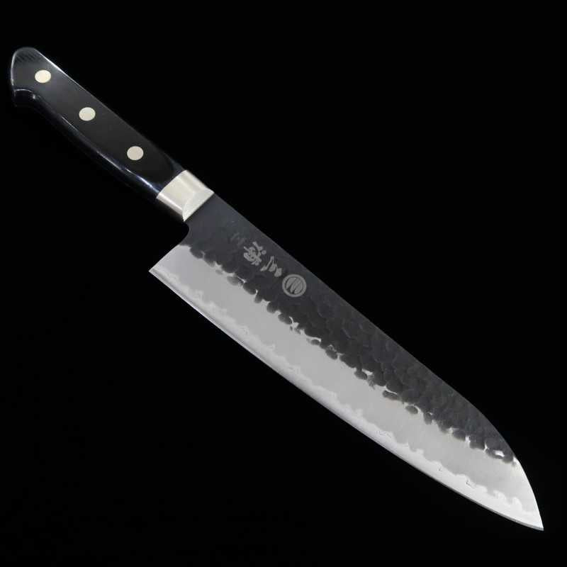 MIURA Aogami Super, martelé noir, Santoku, manche en contreplaqué noir (180mm)